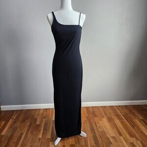 Vintage 90s Black Slip Dress Open Scoop Back Leg Slits Women's XS Formal Prom